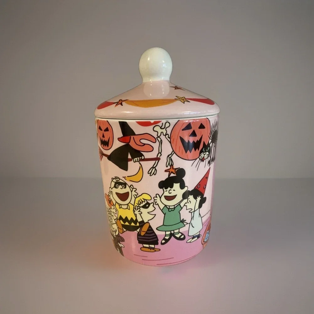 Peanuts Halloween Ceramic Canister Jar Charlie Brown Snoopy Pink Pumpkin